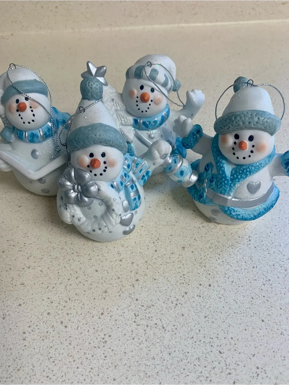 Festive Blue, White & Silver Snowman Ornament Set of 4 - Home Holiday